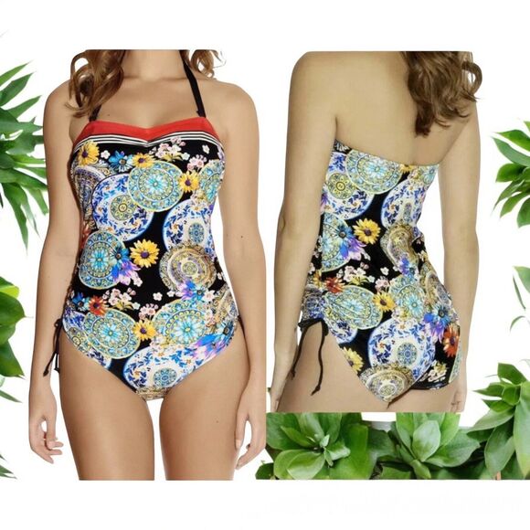 Fantasie Lascari Sized-Cup Bandeau Swimsuit Size 34D Multicolor Medallion floral - Picture 1 of 12